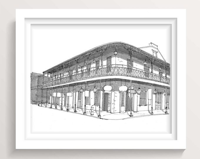 BOURBON STREET New Orleans, French Quarter - Balcony, Iron Railing, Architecture, Pen and Ink, Drawing, Sketchbook, Art, Drawn There