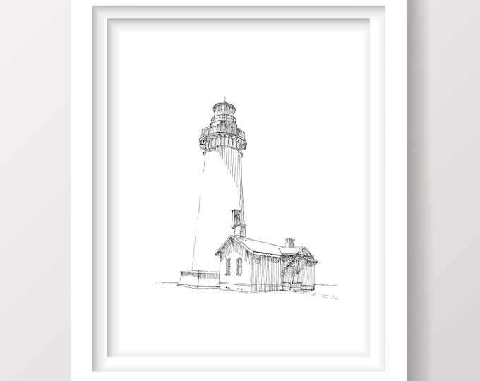 YAQUINA HEAD LIGHTHOUSE - Newport, Oregon, Historic Lighthouse Art, Oregon Coastline Tidepools, Pen and Ink, Line Drawing,Drawn There