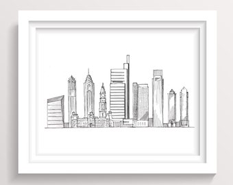 PHILADELPHIA SKYLINE - Pen and Ink Line Drawing, Architecture Sketch, Wall Art Print, City, Urban, Skyscraper, Drawn There