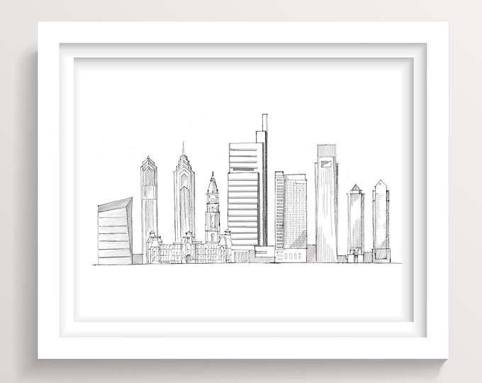 PHILADELPHIA SKYLINE - Pen and Ink Line Drawing, Architecture Sketch, Wall Art Print, City, Urban, Skyscraper, Drawn There