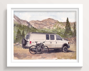 VANLIFE and MOUNTAIN BIKE - Ford Econoline Van, Trailhead, Mountain Biking, Ink and Watercolor Landscape Painting, Art Print, Drawn There