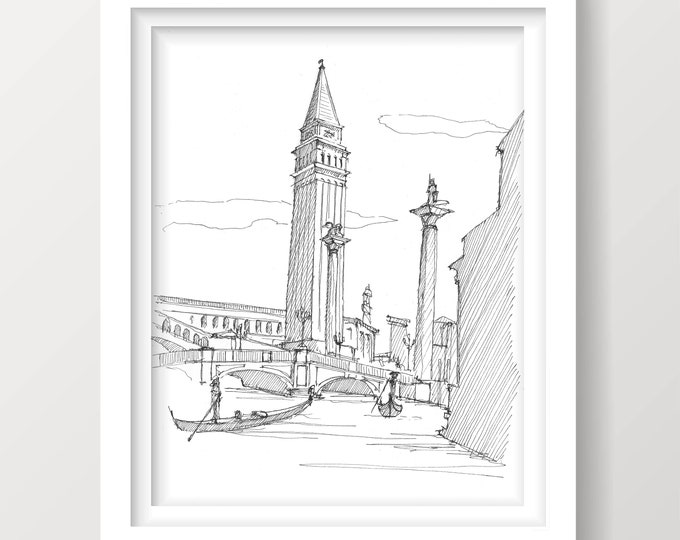 VENICE INK DRAWING - Venetian Hotel, Las Vegas, Grand Canal, St. Mark's Campanile, Pen and Ink Sketch, Architecture, Drawn There