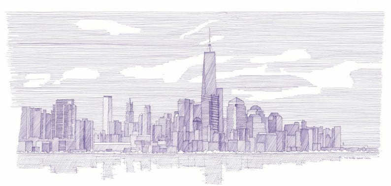 New York City Skyline Print – Manhattan Ink Drawing, Freedom Tower - Etsy