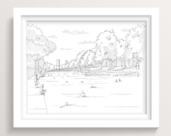 BARTON SPRINGS - Austin Texas Landmark, Summer Swimming Hole, Pool, Pen and Ink Drawing, Line Drawing Art Print, Drawn There