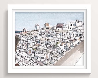 Oia Santorini, Greece | Digital Download | Cliffside Village Watercolor