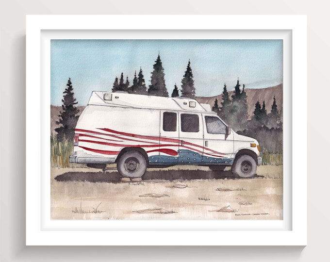 AMBULANCE CAMPER VAN - Vambulance, Vanlife, Red White and Blue, Camping, Roadtrip, Ink Drawing, Watercolor Painting, Art, Drawn There