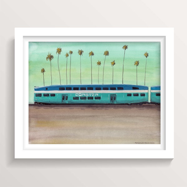 SAN DIEGO COASTER - North County Regional Rail Transit Train, Southern California Palm Trees, Encinitas, Gouache Painting, Drawn There