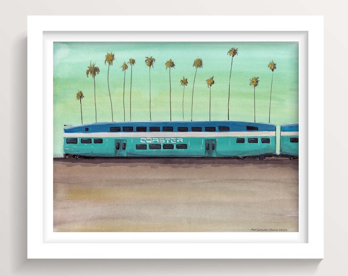 SAN DIEGO COASTER - North County Regional Rail Transit Train, Southern California Palm Trees, Encinitas, Gouache Painting, Drawn There