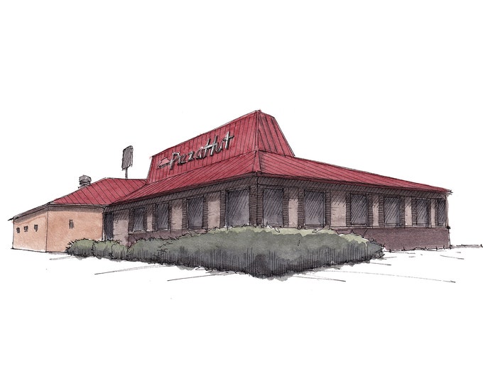 PIZZA HUT RESTAURANT - Fast Food, Deep Dish, Classic, Salad Bar, Architecture, Drawing, Ink Watercolor Painting, Plein Air, Art, Drawn There