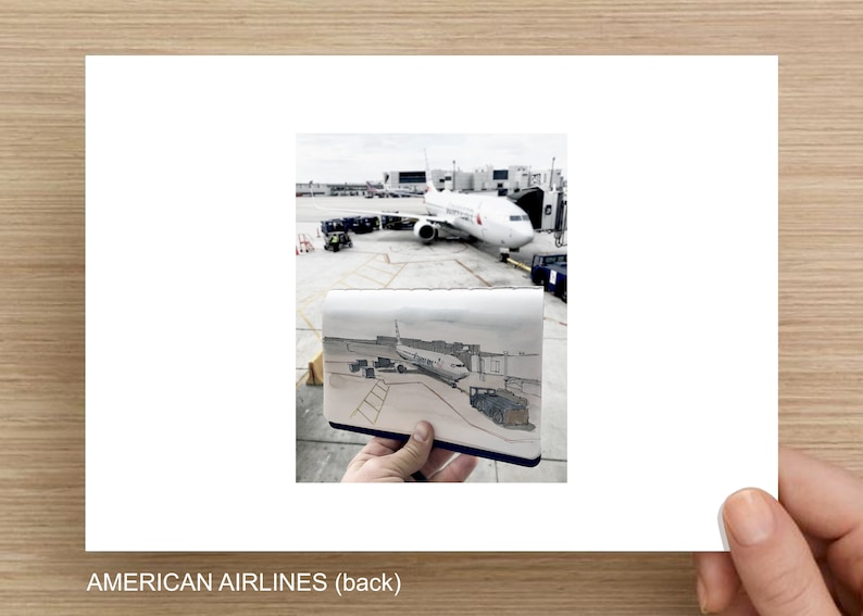 May include: An image of an American Airlines airplane at an airport gate. A small sketch of the same scene is held in front of the image. The text "AMERICAN AIRLINES (back)" is at the bottom of the image.