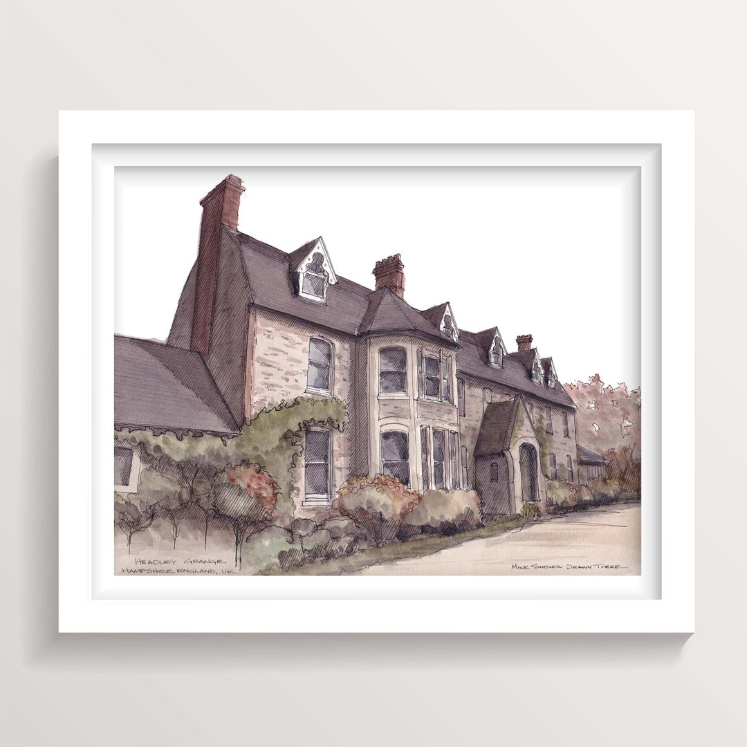 HEADLEY GRANGE HOUSE England Country House, Led Zeppelin Recording, Ink and Watercolor Painting