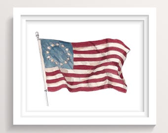 Vintage American Flag Wall Art, Patriotic USA Decor | Digital Download | Historical Illustration