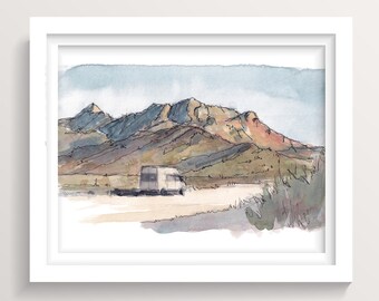 SPRINTER VAN SUNSET - Desert Landscape Mountains, Loose Watercolor Painting, Wall Art, Playa El Tecolote Baja Mexico, Drawn There