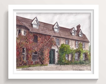 HEADLEY GRANGE HOUSE - England Country House, Led Zeppelin Recording, Ink and Watercolor Painting, Drawing, Art Print, Drawn There