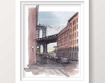 BROOKLYN DUMBO BRIDGE - Manhattan Bridge, New York City, Ink and Watercolor Painting, Architecture, Plein Air Art Print, Drawn There