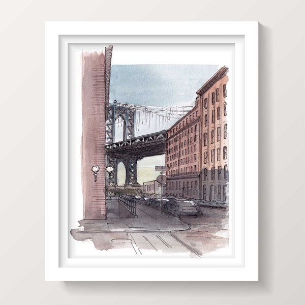 BROOKLYN DUMBO BRIDGE - Manhattan Bridge, New York City, Ink and Watercolor Painting, Architecture, Plein Air Art Print, Drawn There