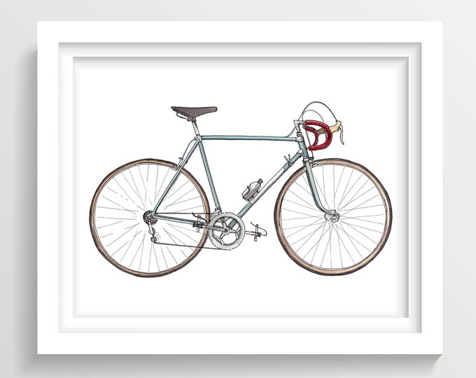 RETRO BIANCHI BICYCLE - Steel Frame Road Bike, 1960s Tour de France, Ink and Watercolor Painting, Sketchbook Art Print, Drawn There
