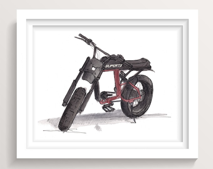 SUPER 73 R SERIES E BIKE - Electric Off Road Motorbike, Bicycle, Ink and Watercolor Painting, Urbansketchers, Giclee Art Print, Drawn There