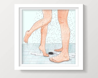 SHOWER WITH ME - Sexy Bathroom Art, Watercolor Painting, Couple Goals, Apartment Wall Art, Illustration, Bathroom Ideas, Drawn There