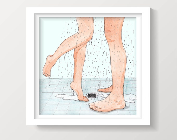 SHOWER WITH ME - Sexy Bathroom Art, Watercolor Painting, Couple Goals, Drawing, Illustration, Bathroom Ideas, Drawn There