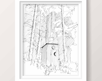 OUTHOUSE - Bathroom Art, Toilet, Privy, Indoor Plumbing, Woods, Drawing, Pen and Ink, Sketchbook, Art Print, Drawn There