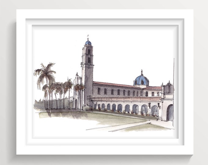 UNIVERSITY of SAN DIEGO - Architecture, California, Spanish Renaissance Tower, College Campus, Watercolor Painting, Drawn There