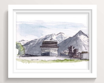 SKAGWAY ALASKA CRUISE - Ship Dock Port, Ink and Watercolor Painting Drawing, Plein Air Art Print, Drawn There