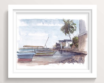 SHELA LAMU, KENYA - Lamu Island, Africa, Historical Swahili Architecture, Plein Air Ink and Watercolor Painting, Art Print, Drawn There