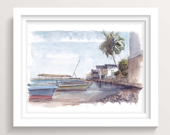 SHELA LAMU, KENYA - Lamu Island, Africa, Historical Swahili Architecture, Plein Air Ink and Watercolor Painting, Art Print, Drawn There
