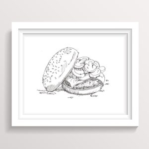 MUSHROOM BURGER - Pen and Ink Food Drawing, Menu Design, Line Drawing, Sketch, Food Art, Drawn There