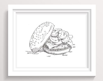 MUSHROOM BURGER - Pen and Ink Food Drawing, Menu Design, Line Drawing, Sketch, Food Art, Drawn There