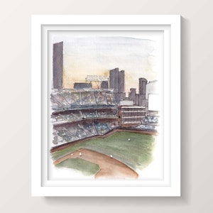 PETCO PARK - San Diego Padres, Baseball Stadium Architecture, Sunset, Plein Air Watercolor Painting Art, Drawn There