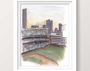 PETCO PARK - San Diego Padres, Baseball Stadium Architecture, Sunset, Plein Air Watercolor Painting Art, Drawn There