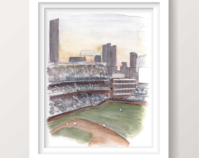 PETCO PARK - San Diego Padres, Baseball Stadium Architecture, Sunset, Plein Air Watercolor Painting Art, Drawn There