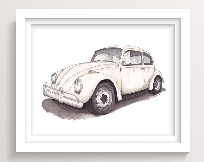 VOLKSWAGEN WHITE BEETLE - Vintage Car, vw, Classic Car, Ink and Watercolor Painting, Drawing, Wall Art Print, Drawn There