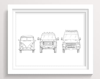 VANLIFE LINEUP - Vans, Econoline, Sprinter, Camping Roadtrip, Bus, Pen and Ink Vehicle Line Drawing, Sketchbook Art Print, Drawn There