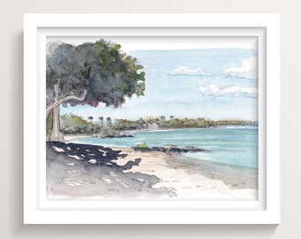 TROPICAL SHADE TREE - Island Beach Watercolor Painting, Caribbean Blue Water, Ocean Landscape Painting, Art Print, Drawn There