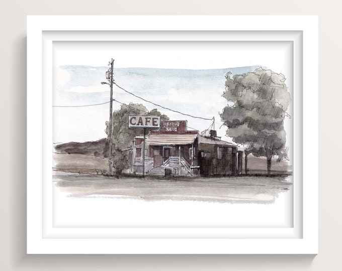 BURGER BARN CAFE - New Cuyama, California, Plein Air Ink and Watercolor Painting Art, Architecture, Drawn There