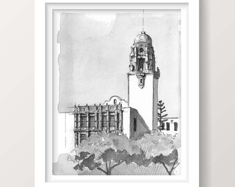 MISSION DELORES High School Tower - San Francisco, Spanish Revival Architecture, Pen and Ink Drawing, Wall Art Print, Plein Air, Drawn There