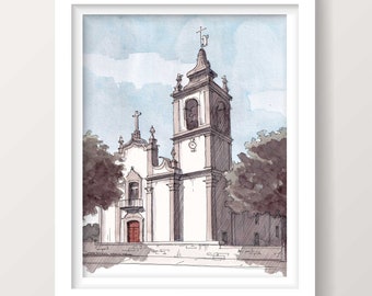 NELAS PORTUGAL CHURCH - Igreja Matriz de Nelas, Ink and Watercolor Painting, Catholic Church, Architecture, Art Print, Drawn There