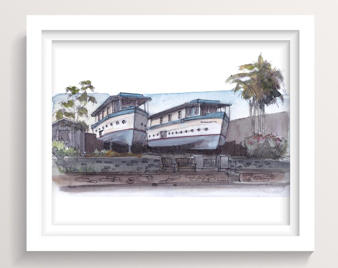 ENCINITAS BOAT HOUSES - Ink and Watercolor Painting, Beach Town Wall Art Print, Quirky Architecture, Encinitas California, Drawn There