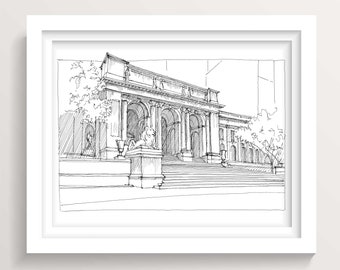 NYC PUBLIC LIBRARY - New York City, Manhattan, Classical Architecture, Urbansketchers, Plein Air Pen and Ink Drawing, DrawnThere