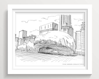 CLOUD GATE CHICAGO - The Bean, Public Art, Sculpture, Reflection, Millennium Park, Drawing, Pen and Ink, Sketch, Sketchbook, Drawn There