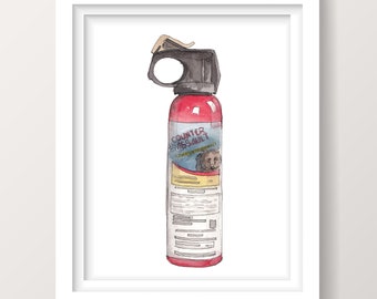 BEAR SPRAY ART - Hiking Camping Equipment Gear, Backcountry Grizzly Bear Defense, Ink and Watercolor Painting, Cabin Wall Art, Drawn There