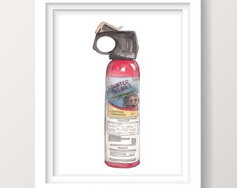 BEAR SPRAY - Equipo de equipo de camping para senderismo, defensa del oso grizzly en el campo, pintura de tinta y acuarela, arte de la pared de la cabina, dibujado allí