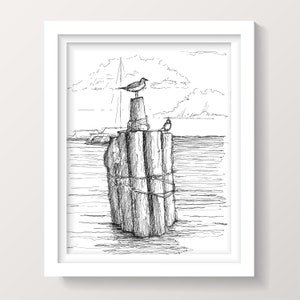 SEAGULL ON PIER - Beach Art, Dock, Birds, Boat, Ocean, Water, Sea Birds, Plein Air Pen and Ink Drawing, Sketchbook Art, Drawn There
