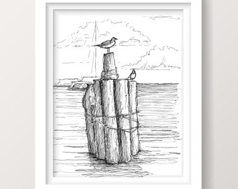 SEAGULL ON PIER - Beach Art, Dock, Birds, Boat, Ocean, Water, Sea Birds, Plein Air Pen and Ink Drawing, Sketchbook Art, Drawn There