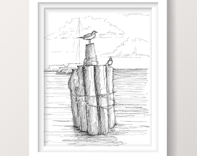 SEAGULL ON PIER - Beach Art, Dock, Birds, Boat, Ocean, Water, Sea Birds, Plein Air Pen and Ink Drawing, Sketchbook Art, Drawn There