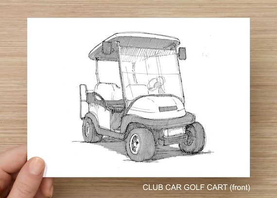 GOLF CART - Club Car, Alternative Transportation, Pen and Ink, Line Drawing, Black and White, Art Print, Drawn There