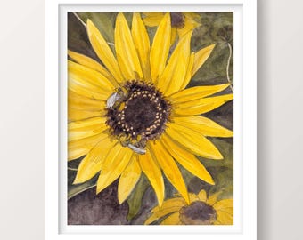 Sunflower Wall Art with Bees, Yellow Floral Illustration | Digital Download | Botanical Illustration